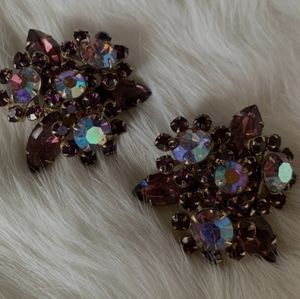 Vintage 1960s Deep Purple and AB Crystal Clip-on Statement Earrings